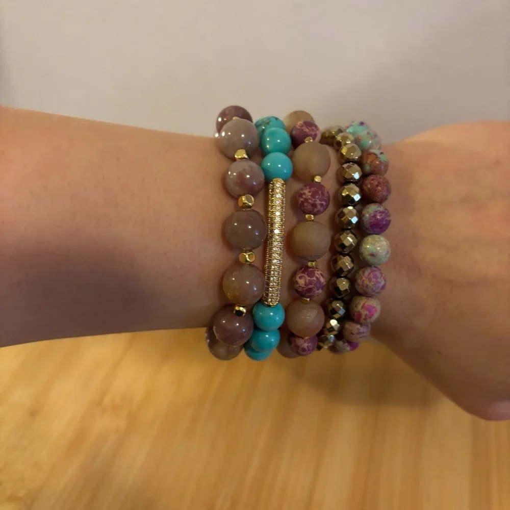 Handmade Gemstone Bracelet Stack Set of 5 NWT Turquoise Jasper Strawberry Quartz